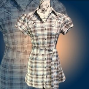 Charlotte Russe Plaid Button Down Belted Tunic Top